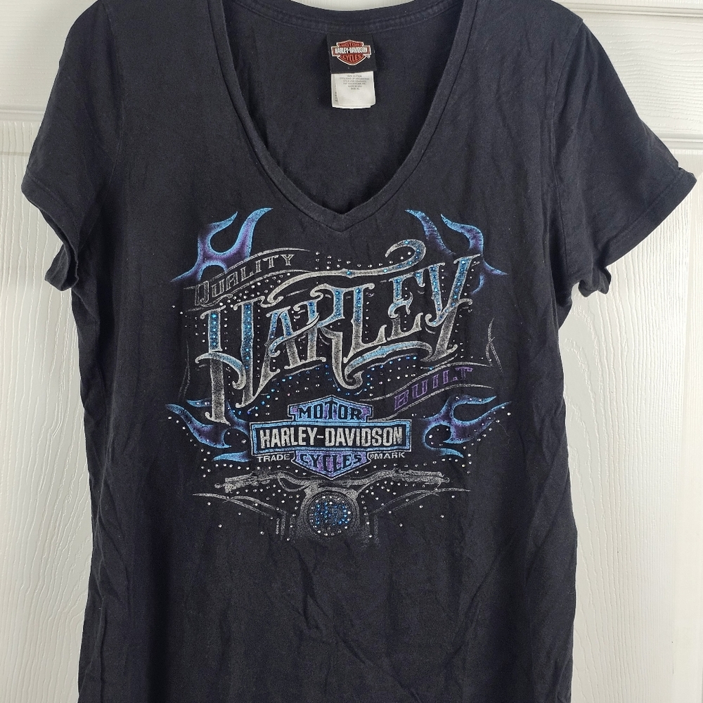 Harley Davidson Bedazzled Jeweled Tshirt Vneck Fink's‎ Ohio Mototcycles Biker XL